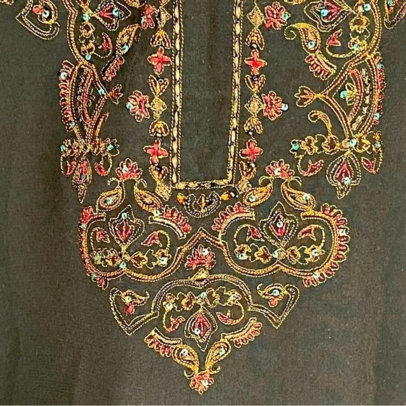 Vintage Boho Embroidered Beaded Sequin Black Tunic Top Large Whimsy Goth - Picture 4 of 15